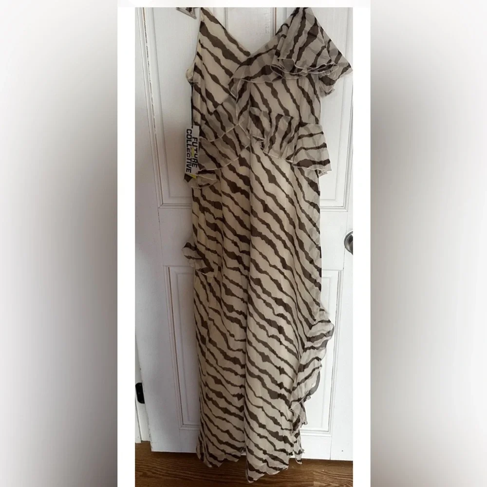 Future Collective Zebra Print One Shoulder Ruffle Maxi Dress L - Picture 4 of 10